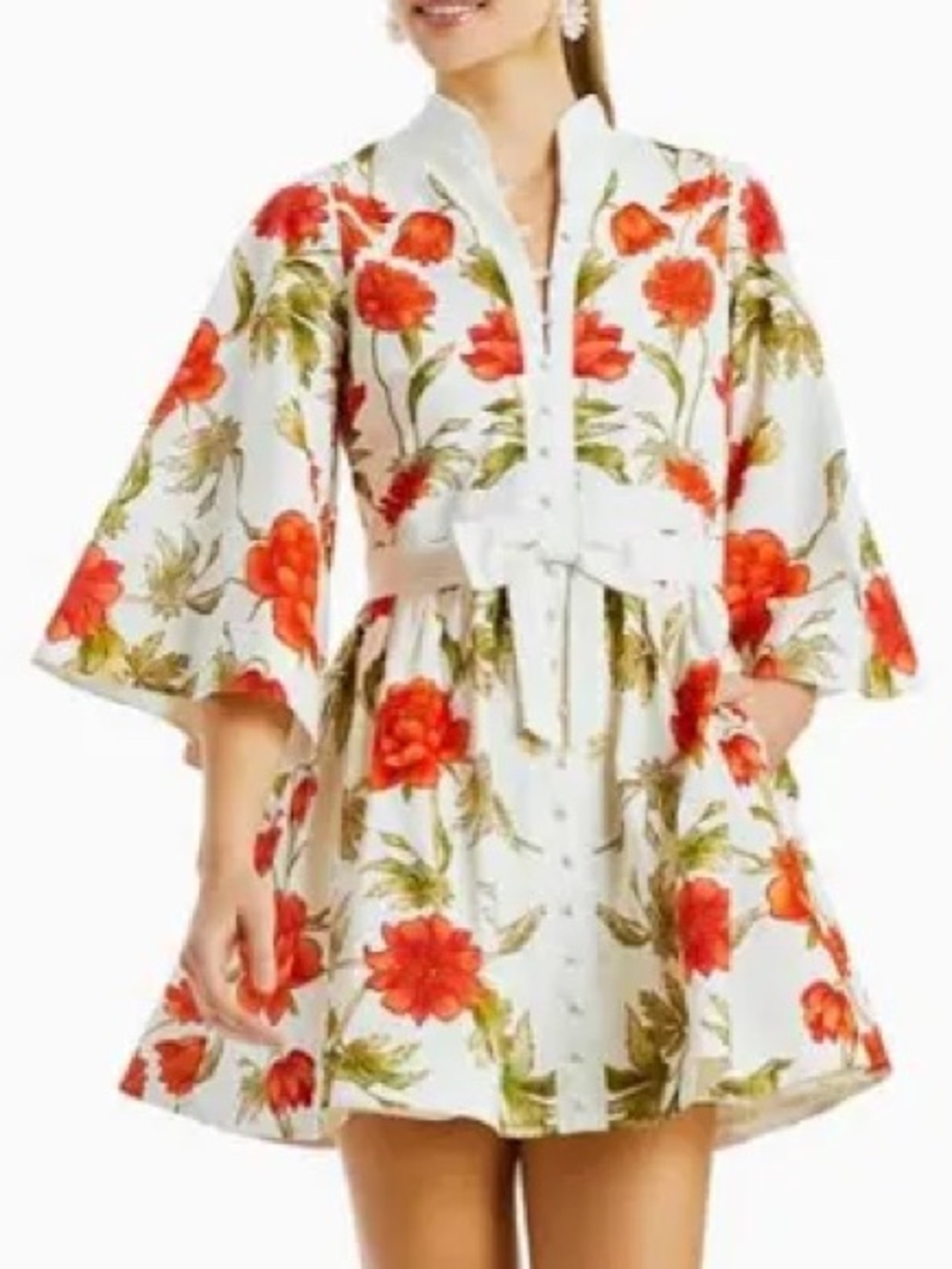 Floral White & Red Mini Dress with Tie Waist